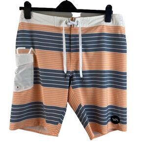 RVCA Industry Board Shorts Mens 34 Orange Gray  Striped Surfing Beach Swim